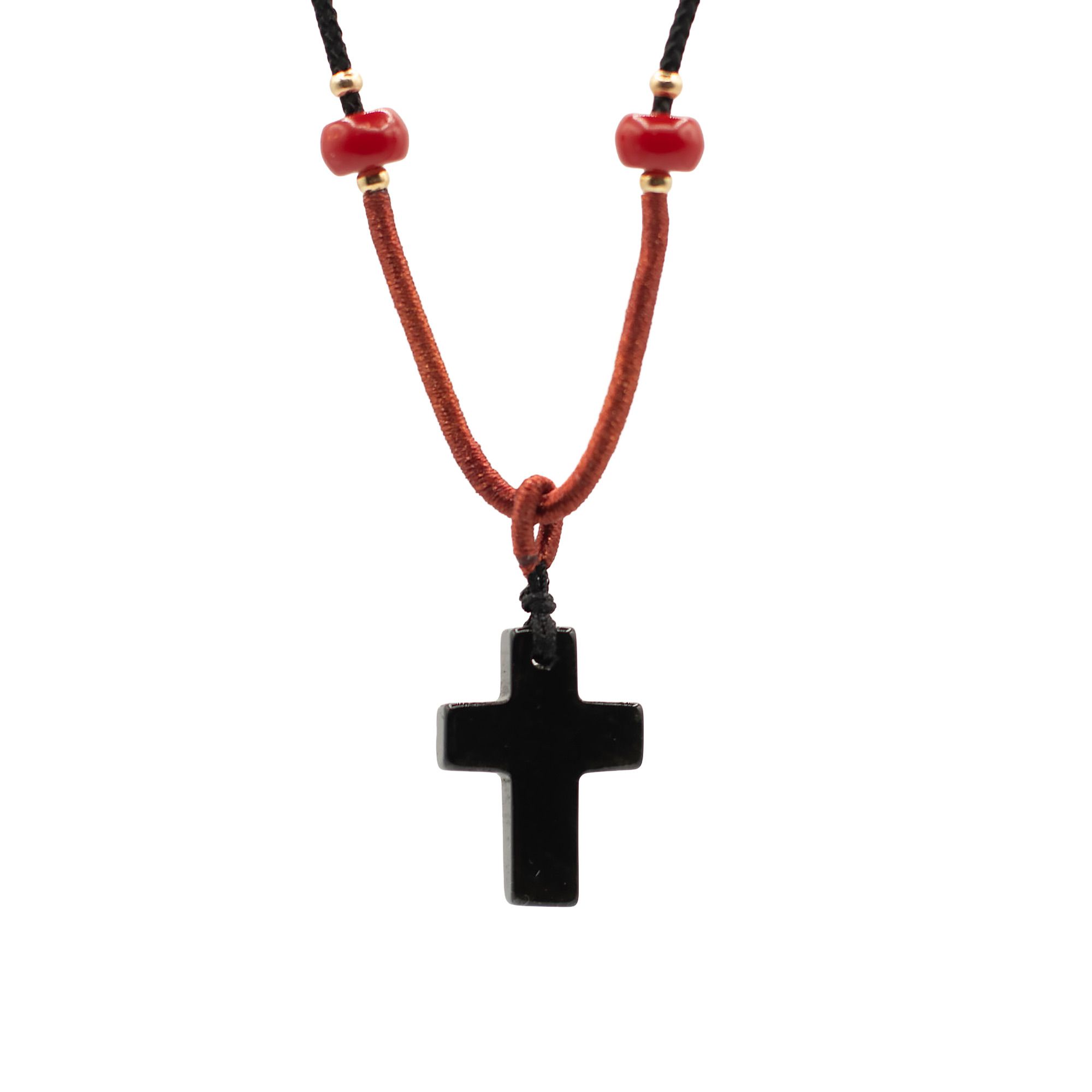 Cord Necklace Gemstone Pendant - Black Agate Cross