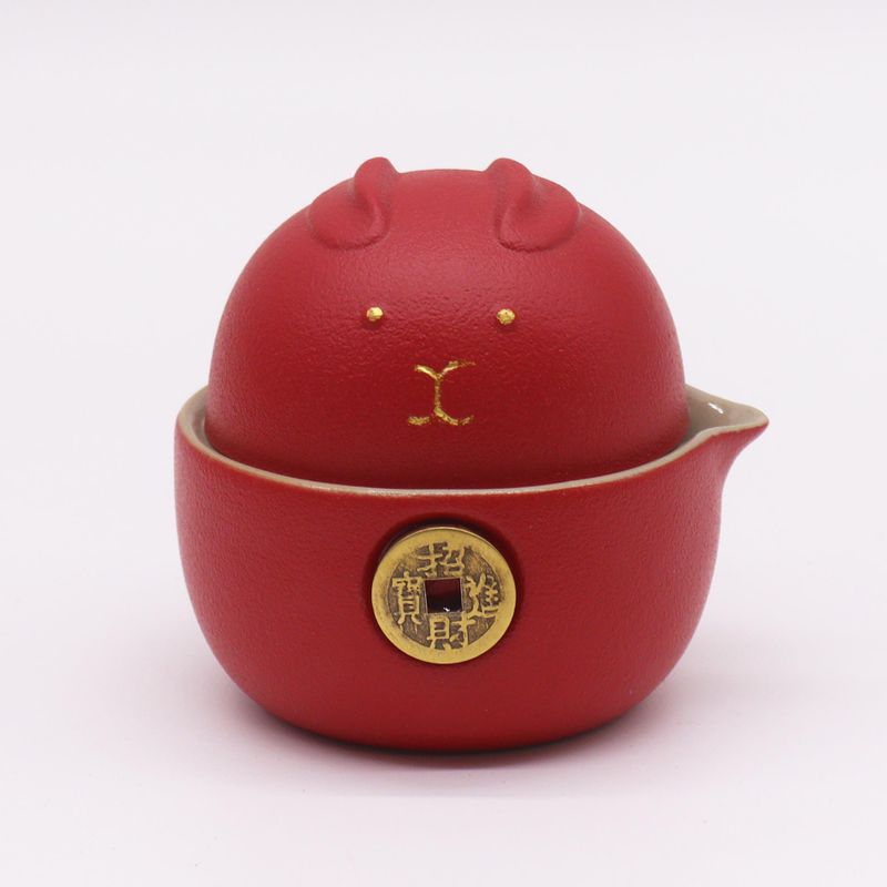 Set Théière Chat Chanceux - Deux Tasses - Pack de Voyage - Rouge