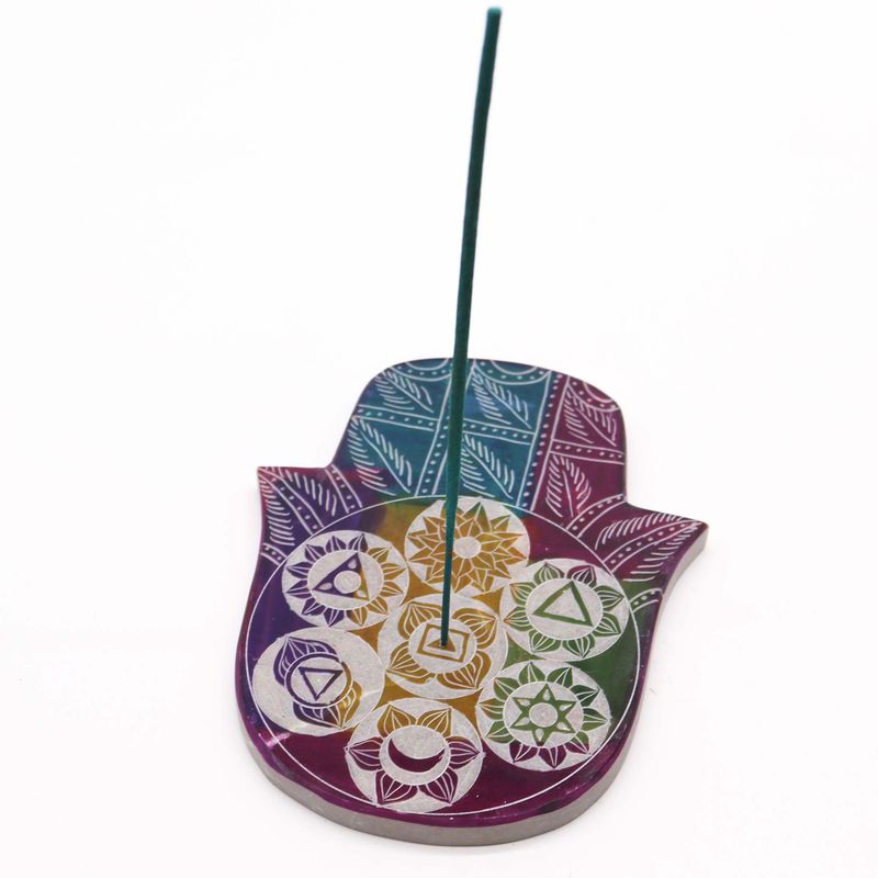 Porte-encens en pierre à savon Hamsa grand 18x15x1,2 cm - 7 Chakras