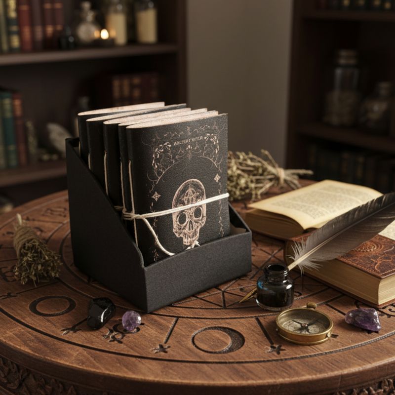 Carnets rituels sorcière cuir assortis (15x11,5 cm) – Présentoir