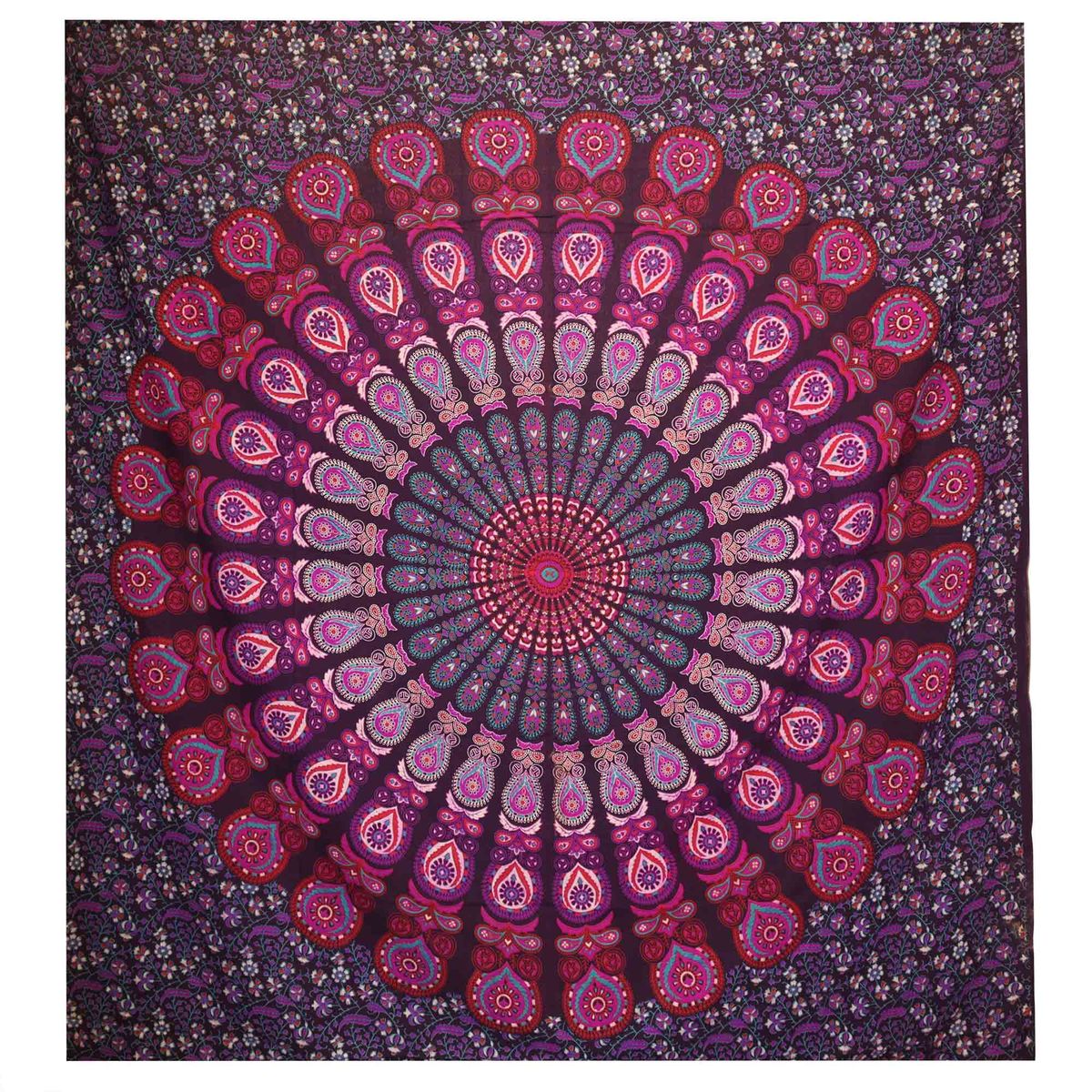 Colcha Dupla de Algodão + Pendente de Parede - Mandala Pavão - Roxo