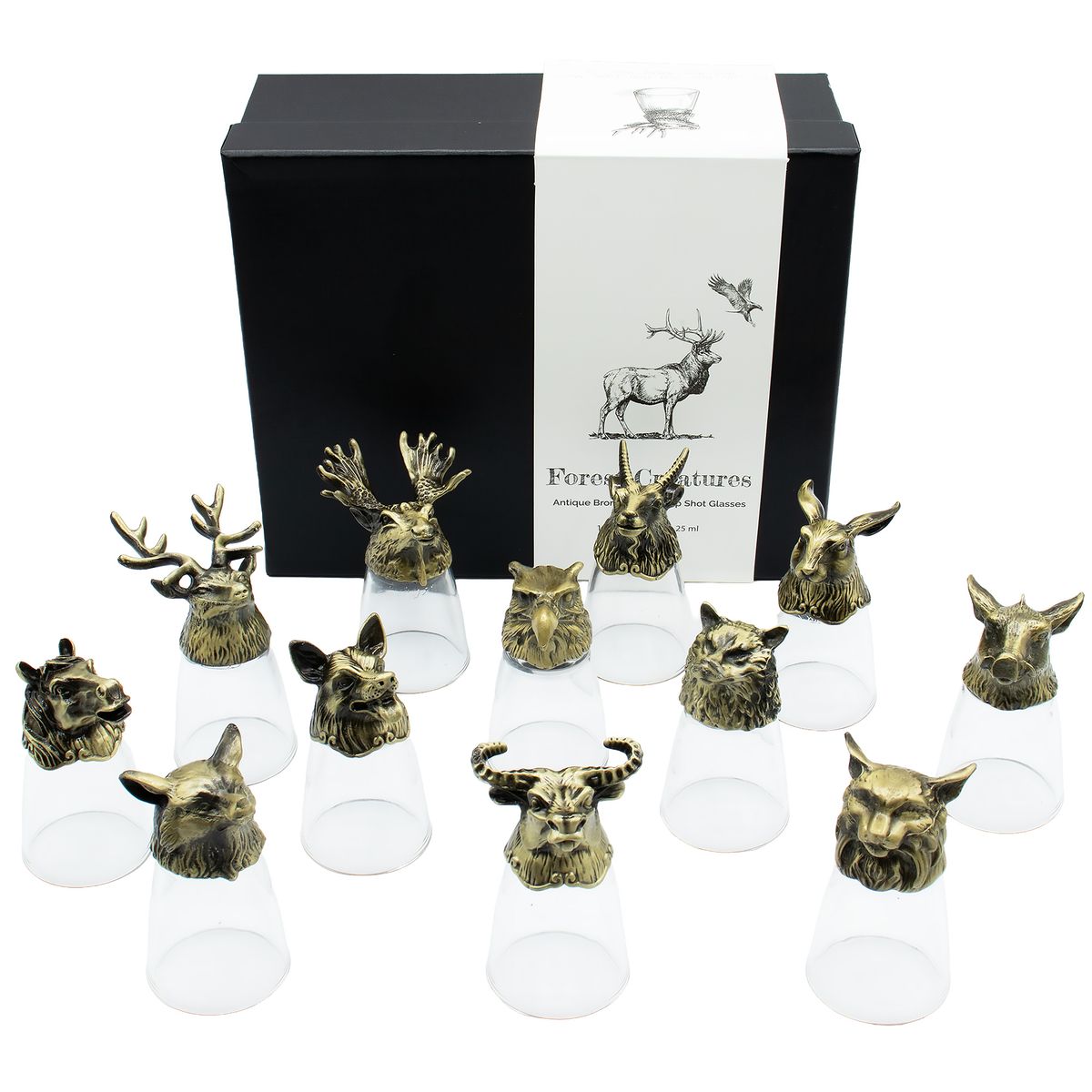 Conjunto de oferta de 12 copos de shot Bottom Up (25 ml) - Floresta e Criaturas Místicas - Bronze Antigo