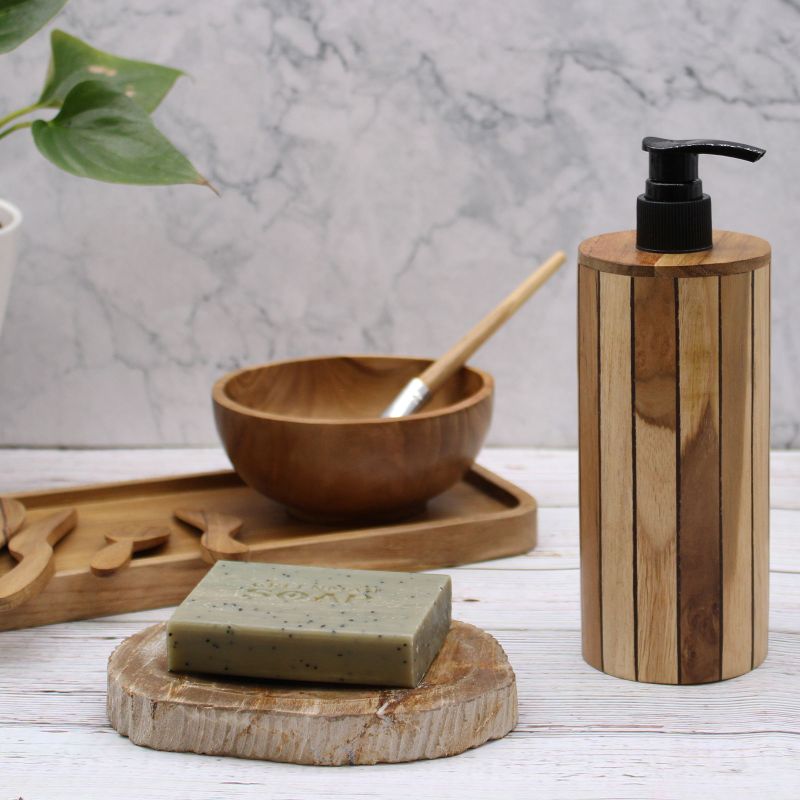 Distributeur de Savon en Teck Naturel - Rond