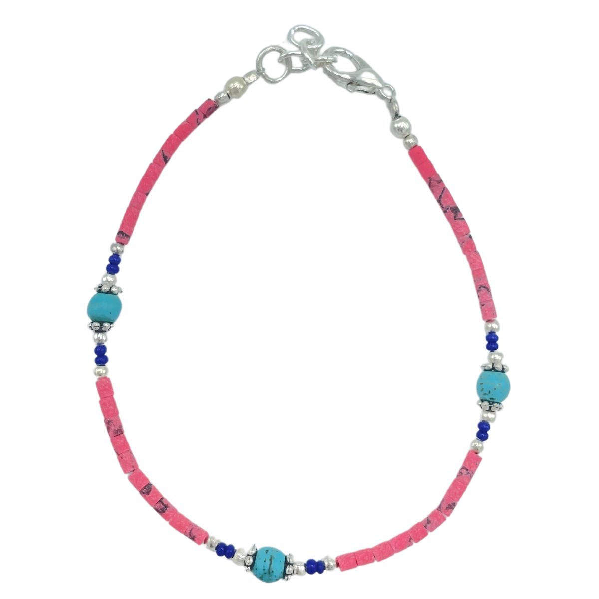 Pulseira nepalesa de pedras preciosas extrafinas - contas de coral rosa e turquesa