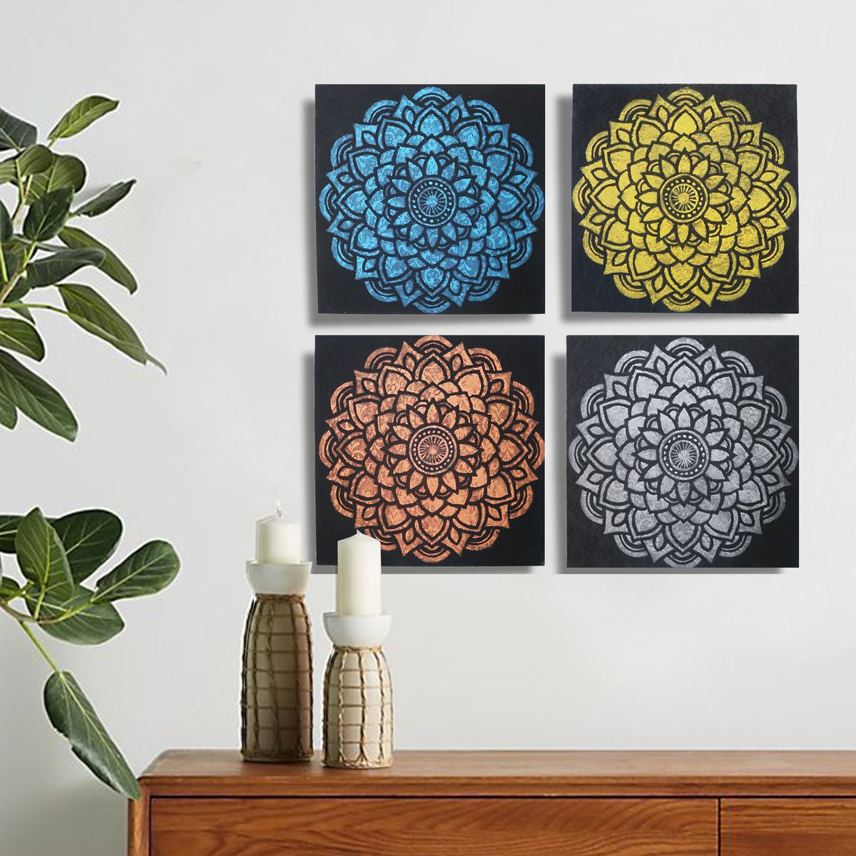 Conjunto de 4 Detalhes de Brocados de Mandalas 30x30cm