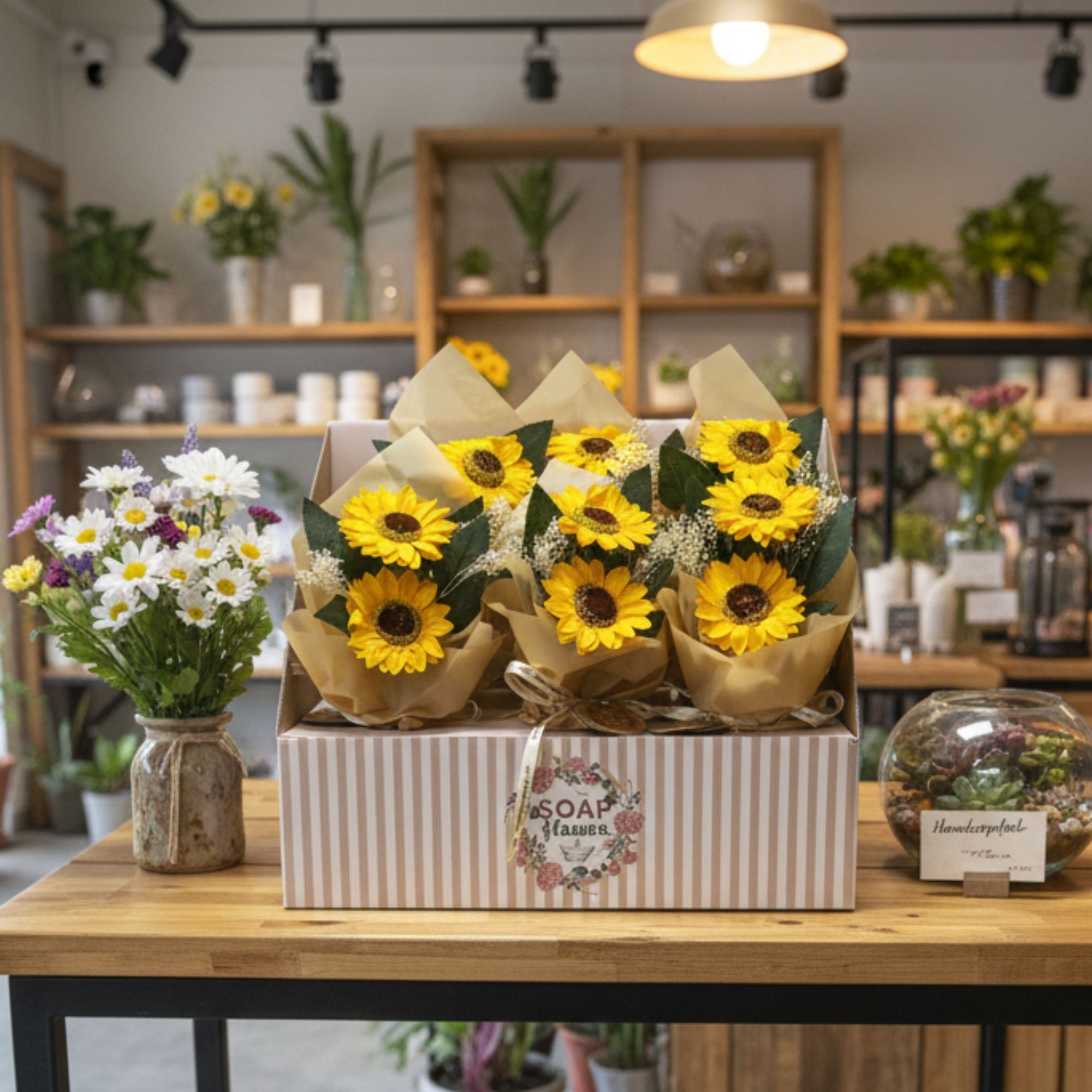 Redo-att-Sälja Tvålblommor - Bukett med Två Solrosor