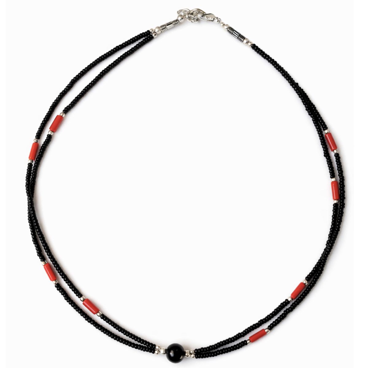 Colar nepalês extrafino de duas linhas - Pingente preto e coral