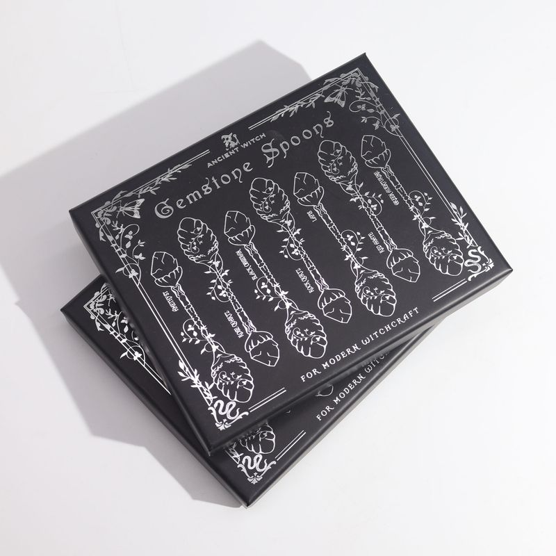 Set of 7 Dark Silver Gemstone Crystal Witch Spoons