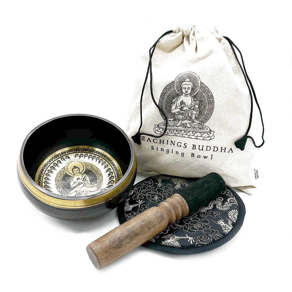 Conjunto de oferta de taça tibetana martelada e gravada à mão - 14 cm - Ensinamentos de Buda