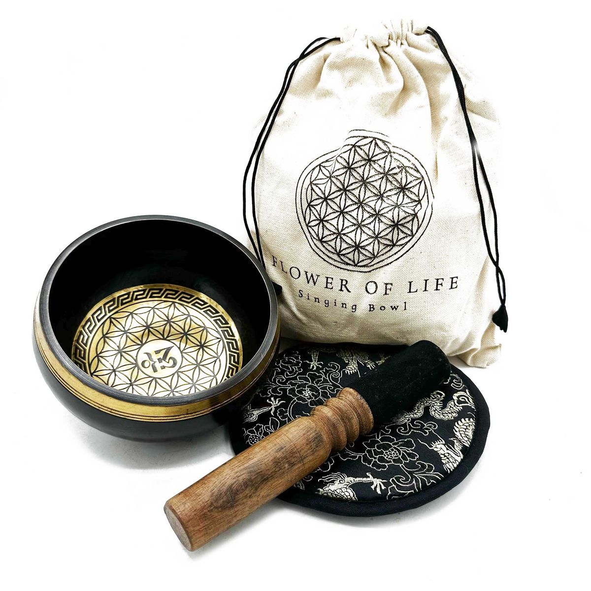 Conjunto de oferta de taça tibetana martelada e gravada à mão - 14 cm - Flor da vida