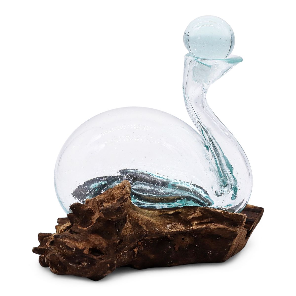 Decantador em forma de pato em vidro fundido sobre base de madeira com rolha de 19 cm