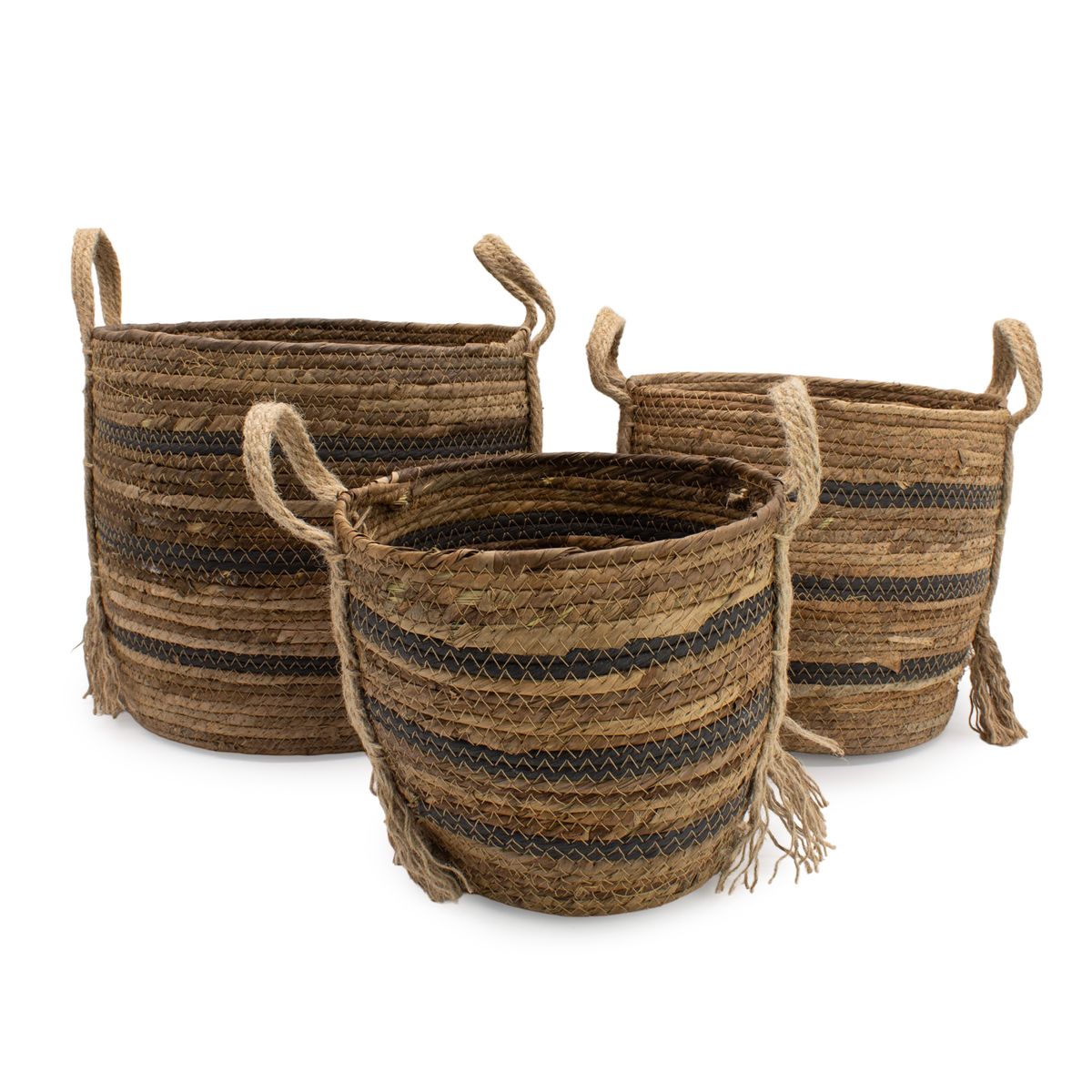 Cestos grandes de folha de bananeira e palha marinha - castanho natural - conjunto de 3