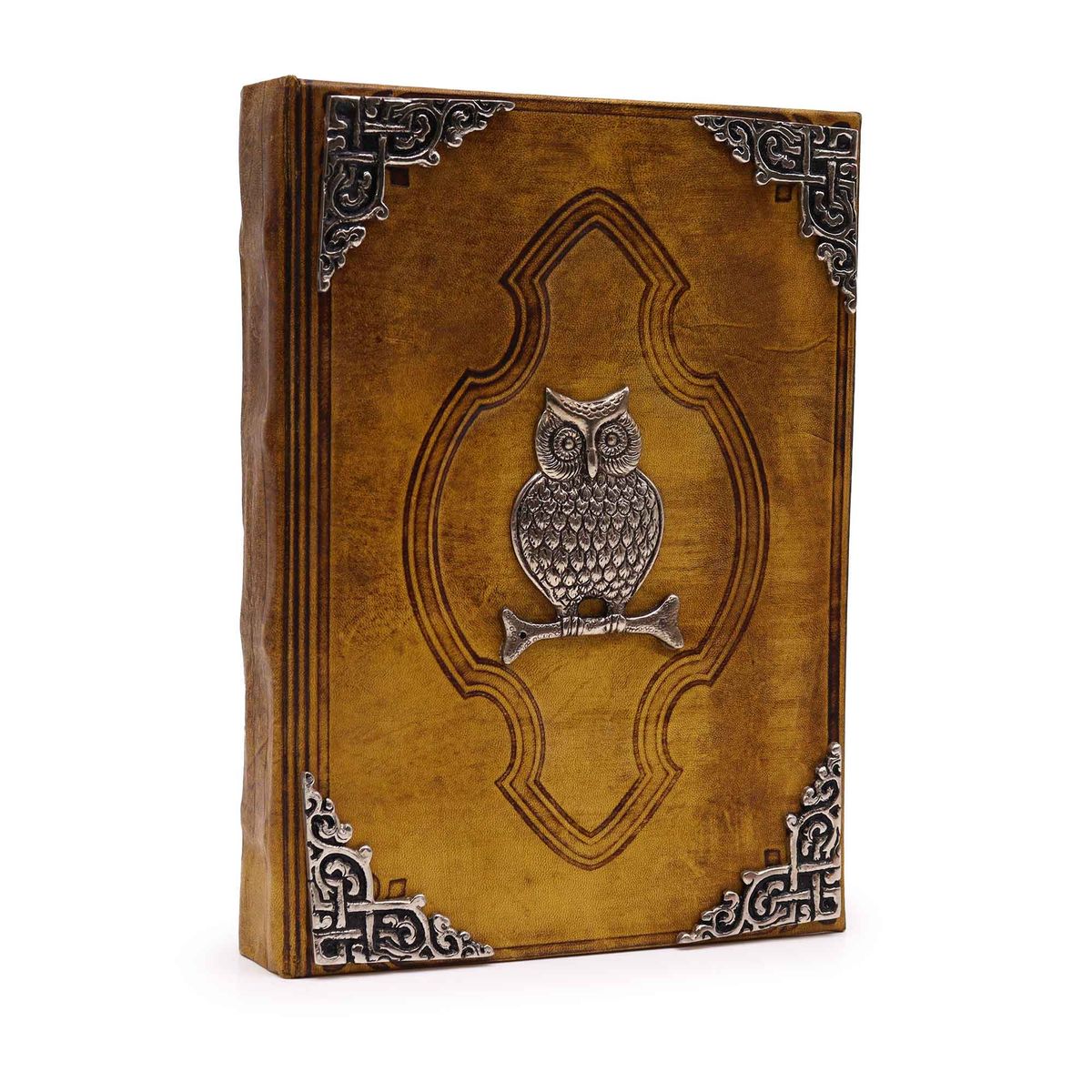 Livro em bronze castanho - Decoração com corujas em zinco nas bordas da capa