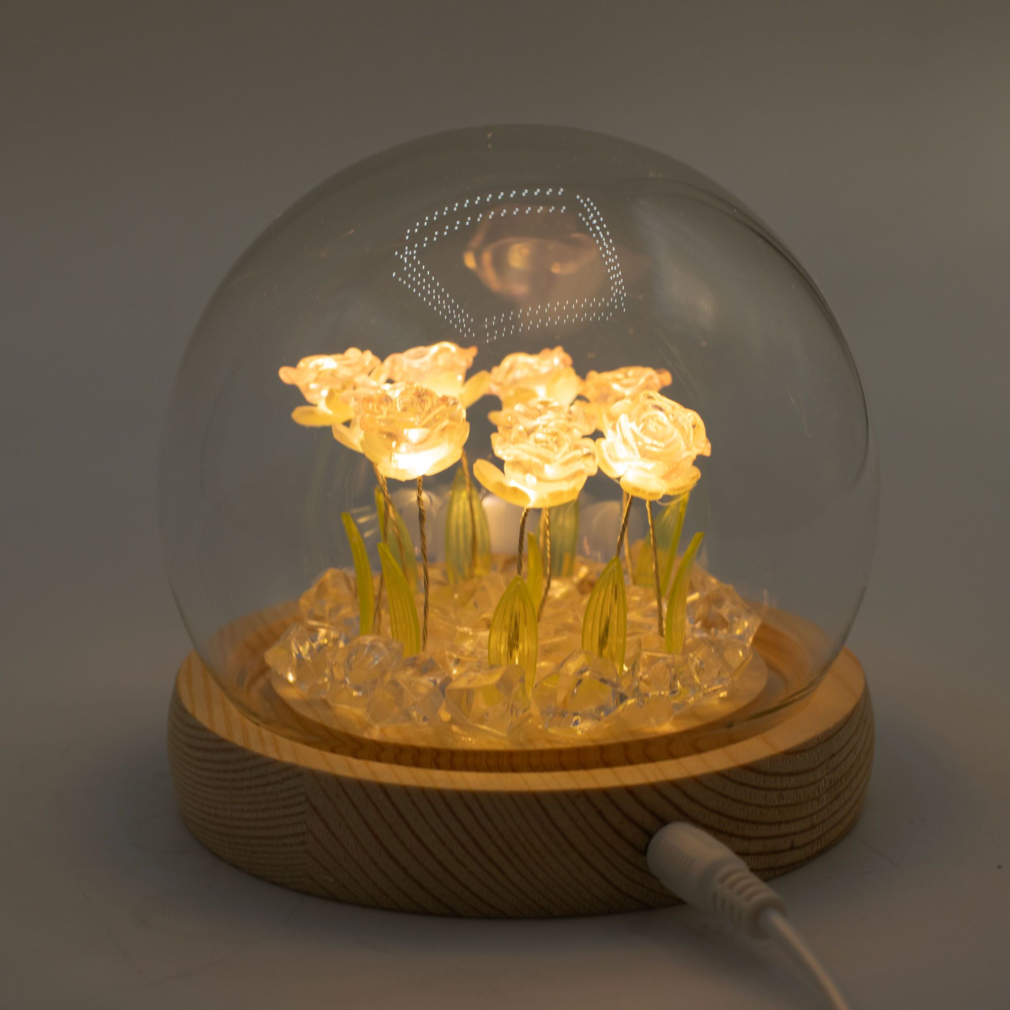 Lysande Glaskupa med Blommor - 10 Rosa Rosor - LED USB