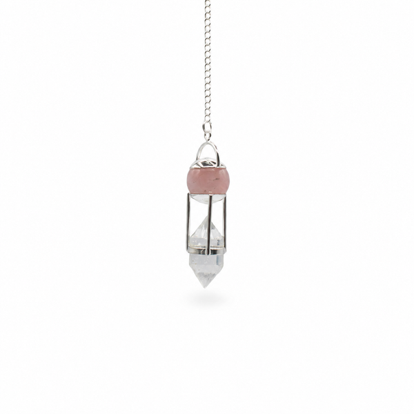 The Heart Whisperer- Double Power Pendulum - Rose Quartz Globe - Clear Quartz Double Terminated