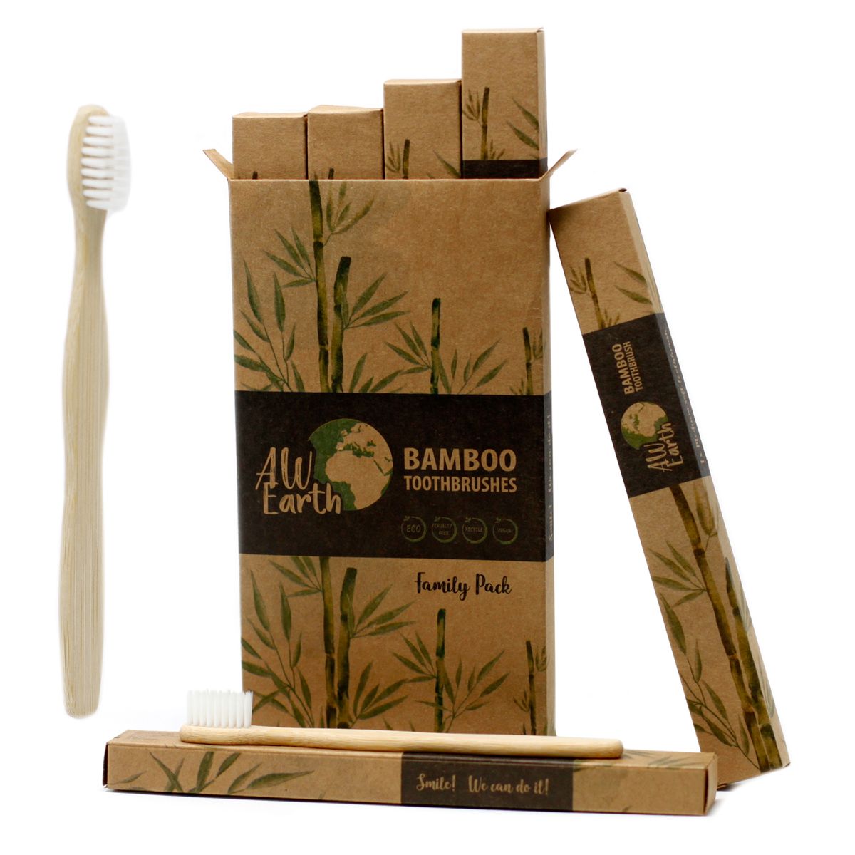 Caixas de 4 escovas de dentes de bambu - Branco - 2 adultos, 2 crianças