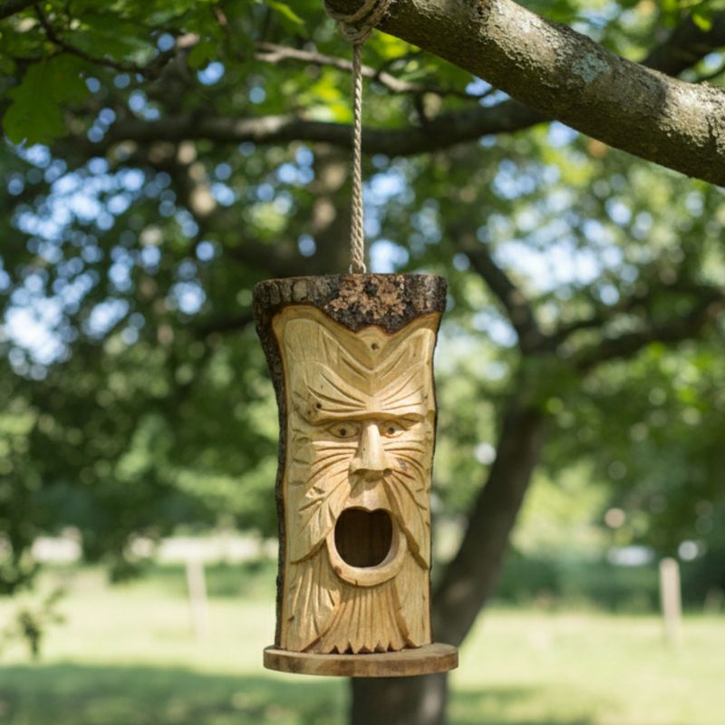 Baumstammgesicht – Vogelhaus – Grüner Mann