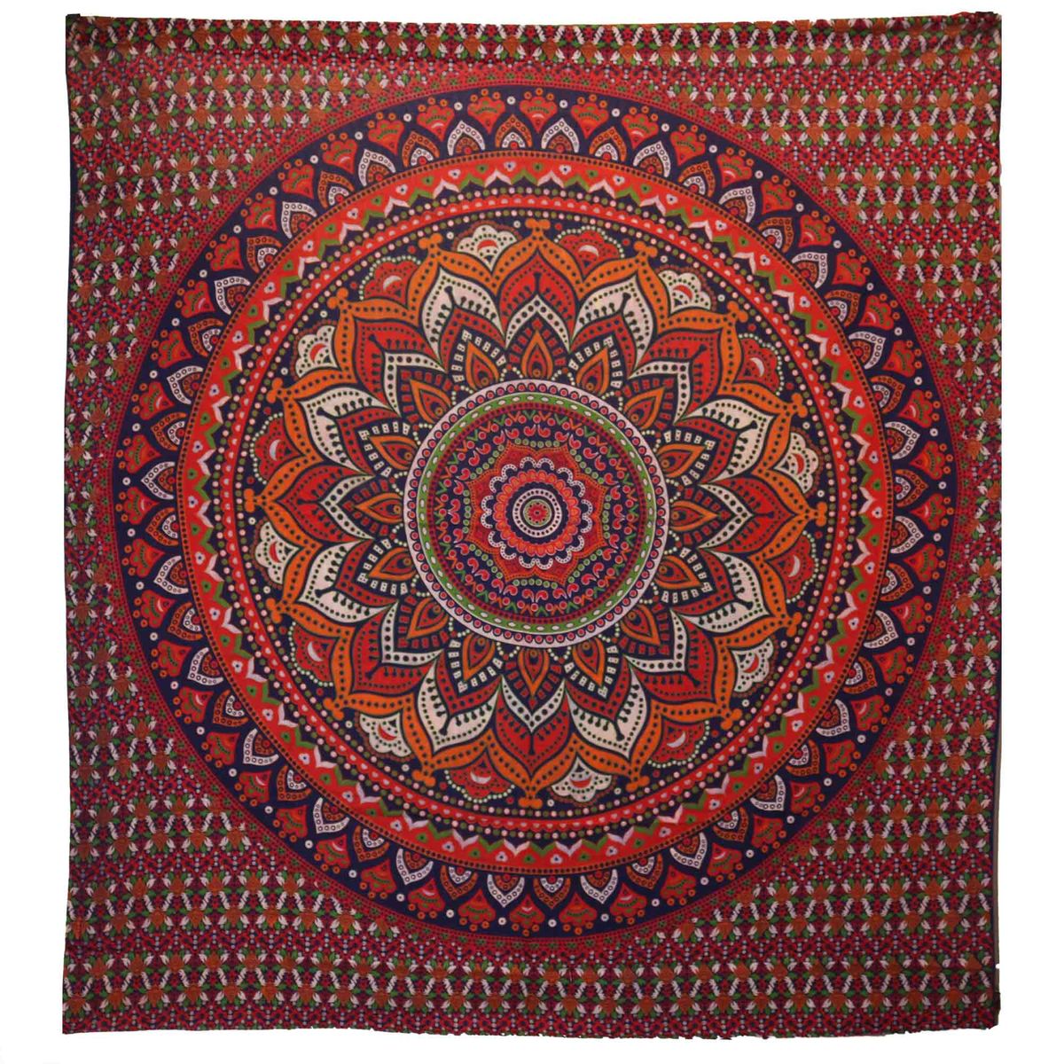Colcha de casal em algodão + enfeite de parede - Mandala Clássico - Laranja / Azul