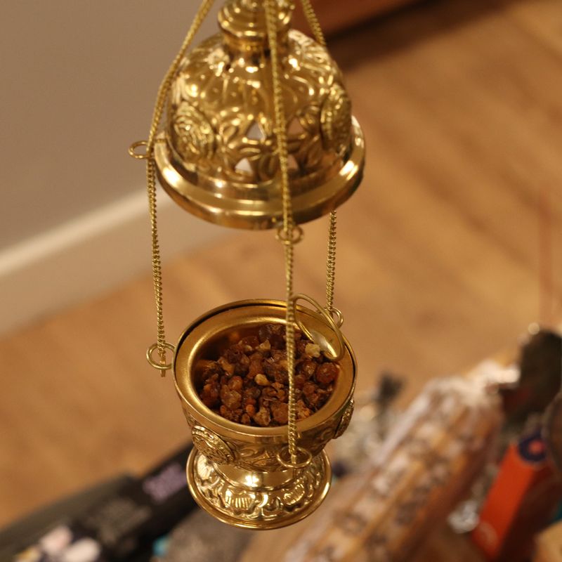 Hanging Brass Incense Burner - Threaded Chain - 16.5x6.5cm (Fine Brass)
