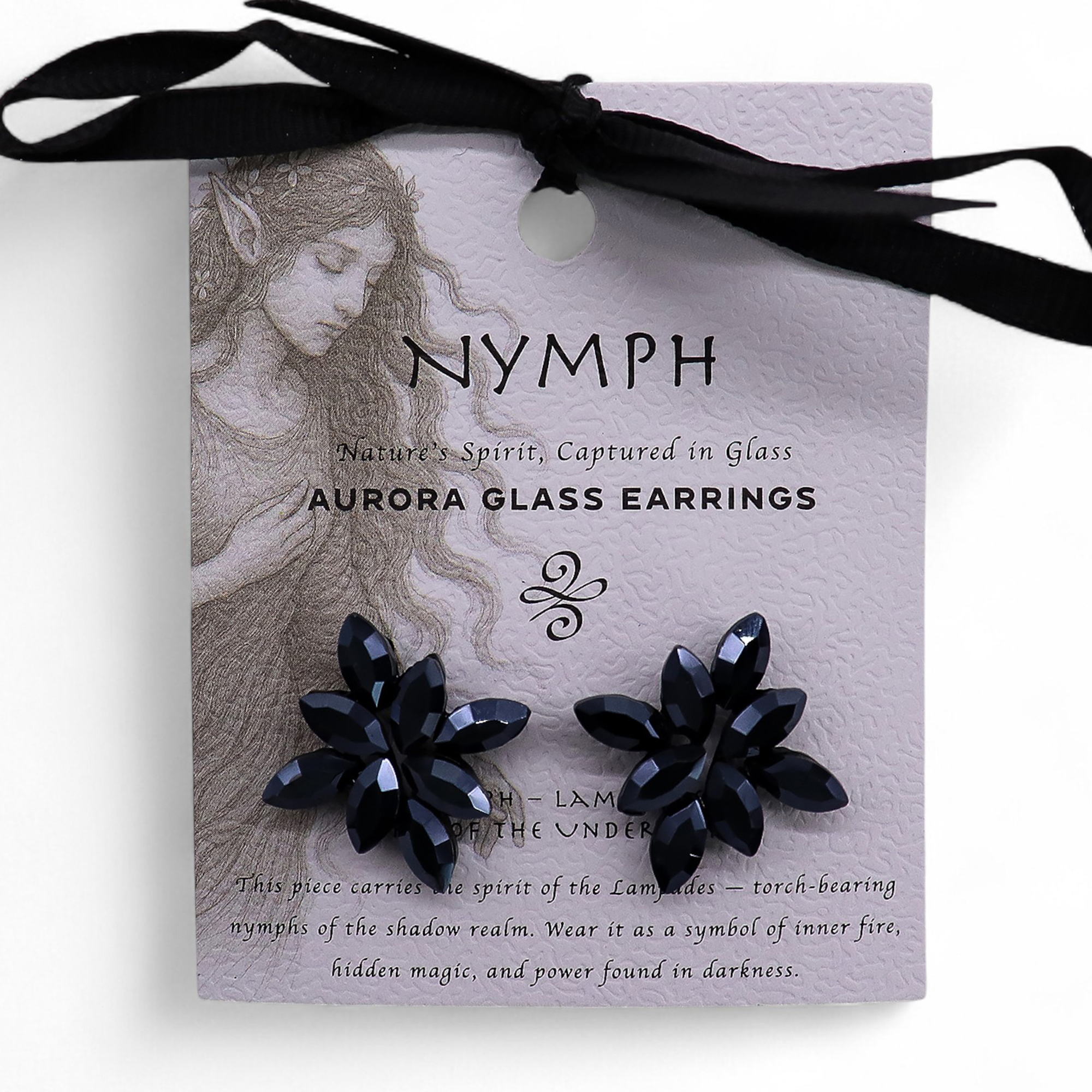Jet Black Flower Earrings - Polished Glass & Stainless Steel - Underworld Inspired