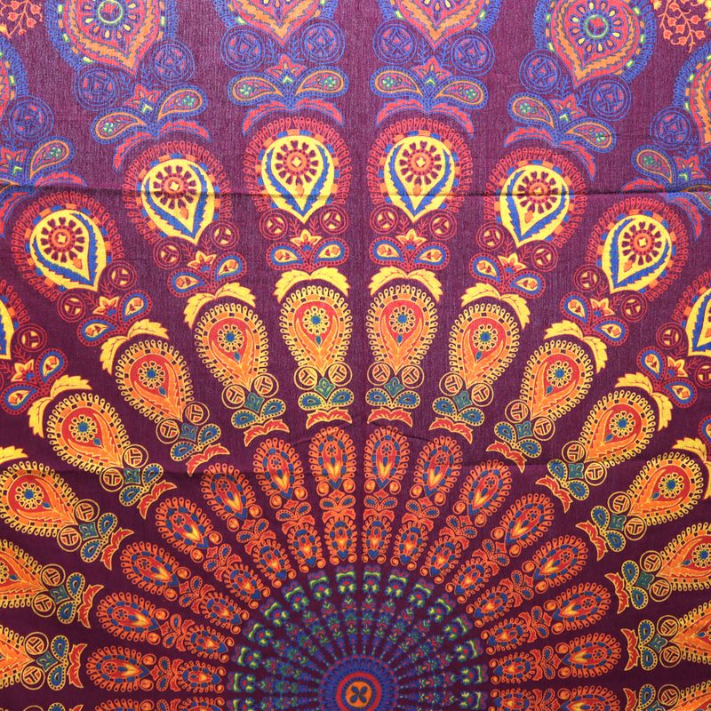 Couvre-lit en coton double + tenture murale - Mandala Paon - Marron