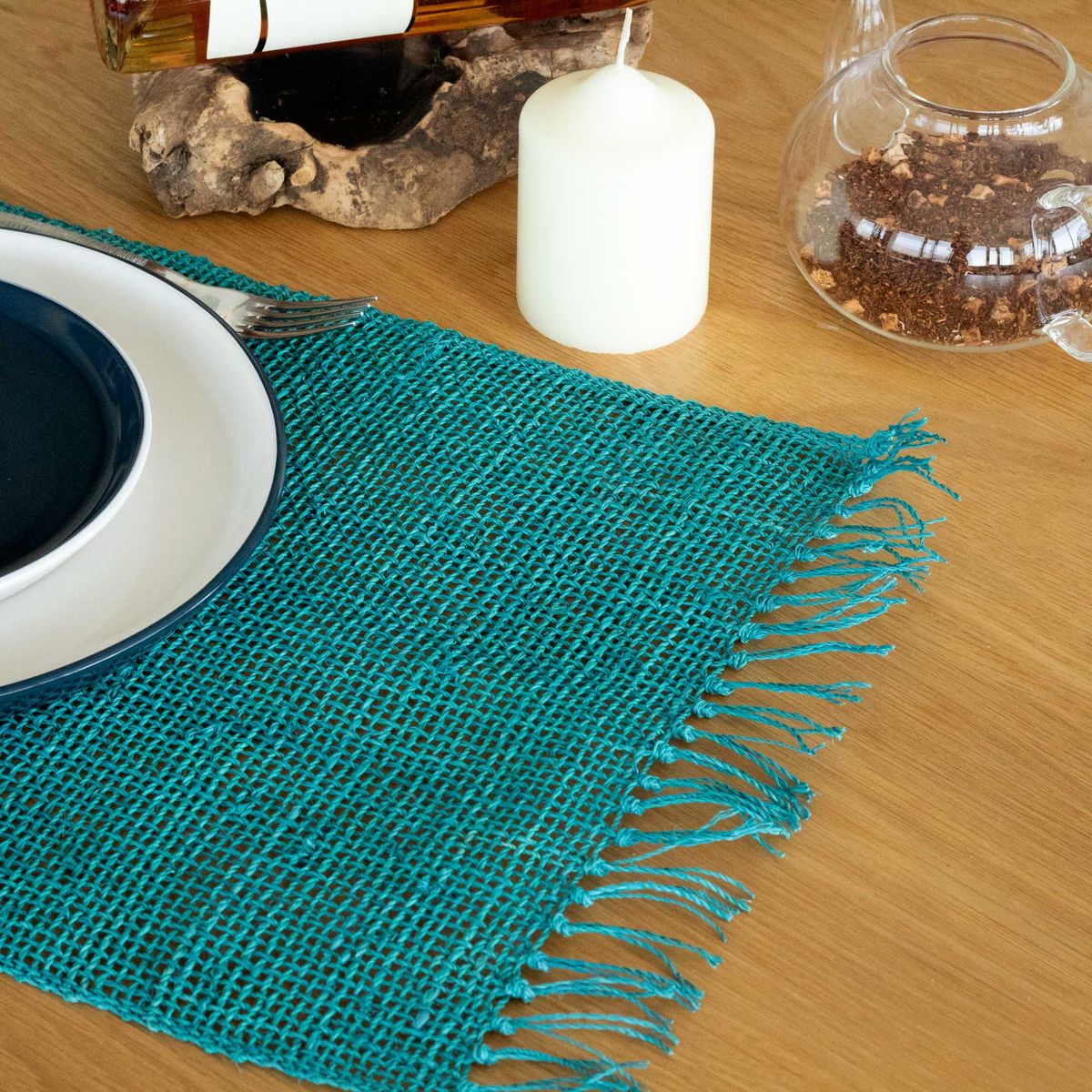Toalha de Mesa Individual Natural com Franjas de Alga Marinha - Turquesa