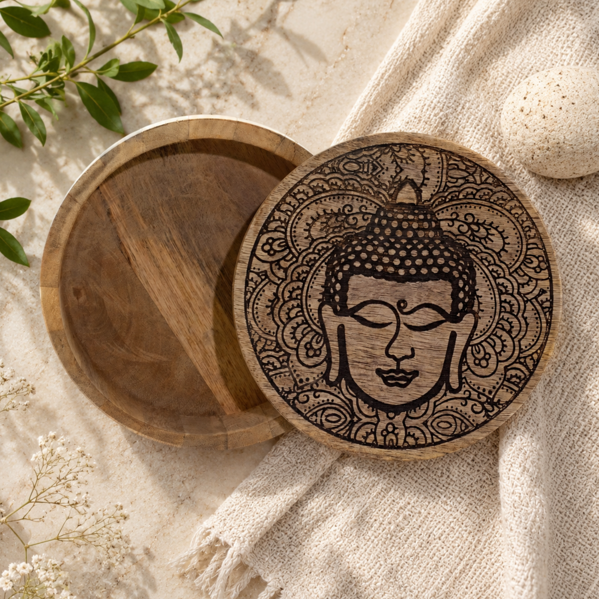 Caixas e Bandejas de Madeira com Hamsa e Buda